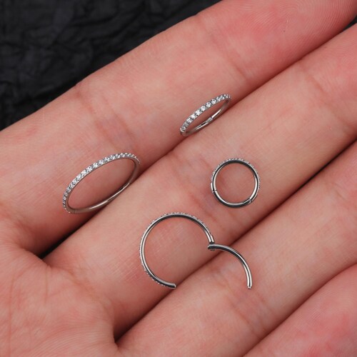 18G Titanium Paved CZ Cartilage Hoop Earrings/Hinged Hoop Clicker/Nose Ring/Conch Hoop/Tragus Hoop/Daith/Rook Piercing Hoop/Tiny silver hoop