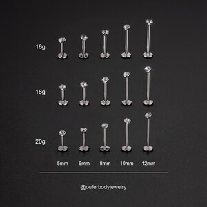 Pendiente de titanio de grado implante de 20 g/18 g/16 g con engaste de circonita cúbica, sin rosca, tipo pasador, para labret/tragus/cartílago/concha/hélix, con parte trasera plana, o piercing de nariz de 2, 2,5, 3 y 4 mm. imagen 6