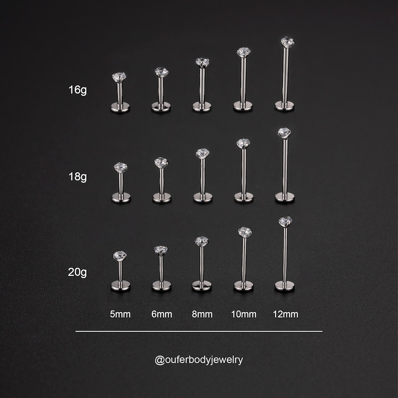 Pendiente de titanio de grado implante de 20 g/18 g/16 g con engaste de circonita cúbica, sin rosca, tipo pasador, para labret/tragus/cartílago/concha/hélix, con parte trasera plana, o piercing de nariz de 2, 2,5, 3 y 4 mm. imagen 6