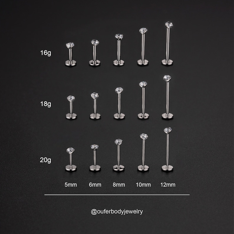 20g/18g/16g Grado de implante Punta de titanio CZ Pasador de empuje sin rosca Labret/Tragus/Cartílago/Concha/Hélice Pendiente de espalda plana/Perno de nariz 2, 2,5,3,4 mm imagen 6