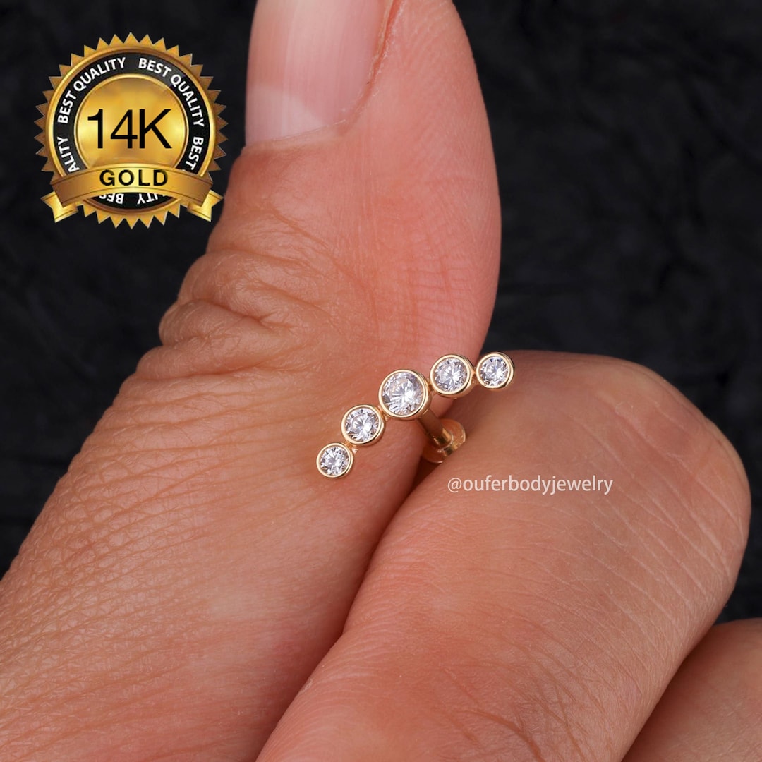 14K 16g 18g Dainty Lined CZ Curve Gem Threadless Labret Piercing ...