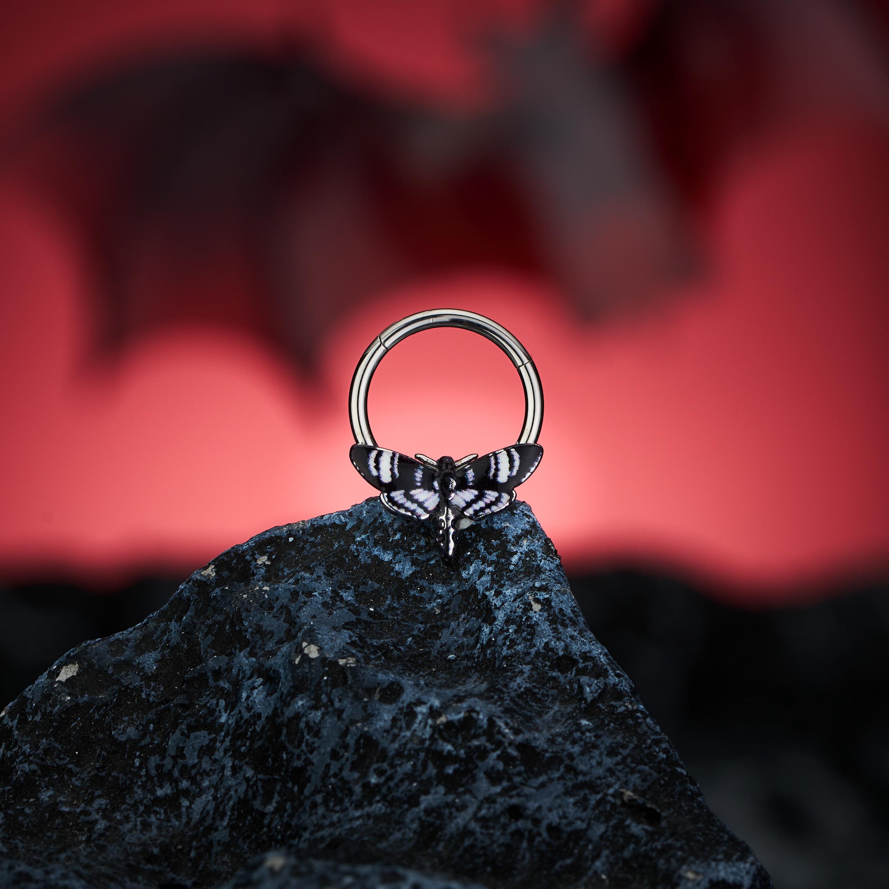 16G Black Moth Hinged Segment Septum Ring/Septum Hoop Clicker/Cartilage Hoop/Daith Earring/Helix/Conch/Tragus Hoop/Wings Jewelry Halloween
