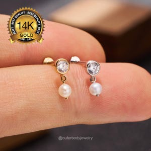 14K Solid Gold Dangle Pearl Threadless Cartilage Earring/Push Pin Labret Stud/Nose/Tragus/Conch/Helix Flat Back Stud Earrings/Gift For Her