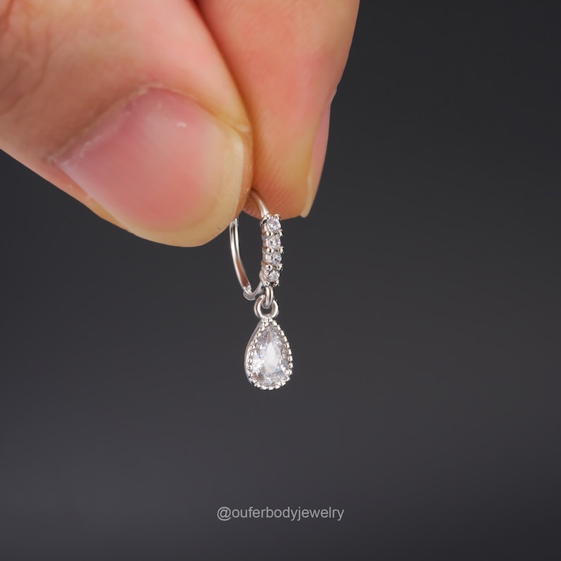 Dangle Hoop Rook Earing 20G Dangle Nose Ring/round Cz/teardrop Nose Piercing/hoop Earrings/rook ...