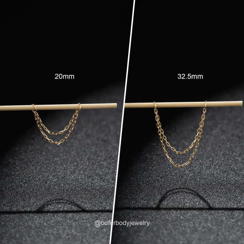 14K Solid Gold Dangle Chain Attachement/Double Chain Piercing/Gold Cartilage Chain/Linking Chain Connector/Loop Chain Earring 20,25,30,35mm image 5