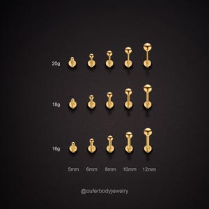 May include: A set of gold body jewelry with different sizes of balls. The sizes are 5mm, 6mm, 8mm, 10mm, and 12mm. The gauge sizes are 20g, 18g, and 16g. The text '@outerbodyjewelry' is at the bottom of the image.