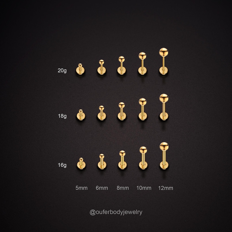 May include: A set of gold body jewelry with different sizes of balls. The sizes are 5mm, 6mm, 8mm, 10mm, and 12mm. The gauge sizes are 20g, 18g, and 16g. The text '@outerbodyjewelry' is at the bottom of the image.