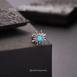 16G 6/8mm Implant-Grade Titanium Blue Opal Head Labret Stud – Internally Threaded Flat Back Cartilage Stud, Tragus, Conch, Helix Piercing