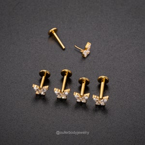 16G 18G Papillon sans fil Push-In Labret / Tragus / Cartilage / Conque / Goujon d'hélice avant / Piercing de nez / Boucle d'oreille à dos plat Argent Or image 2