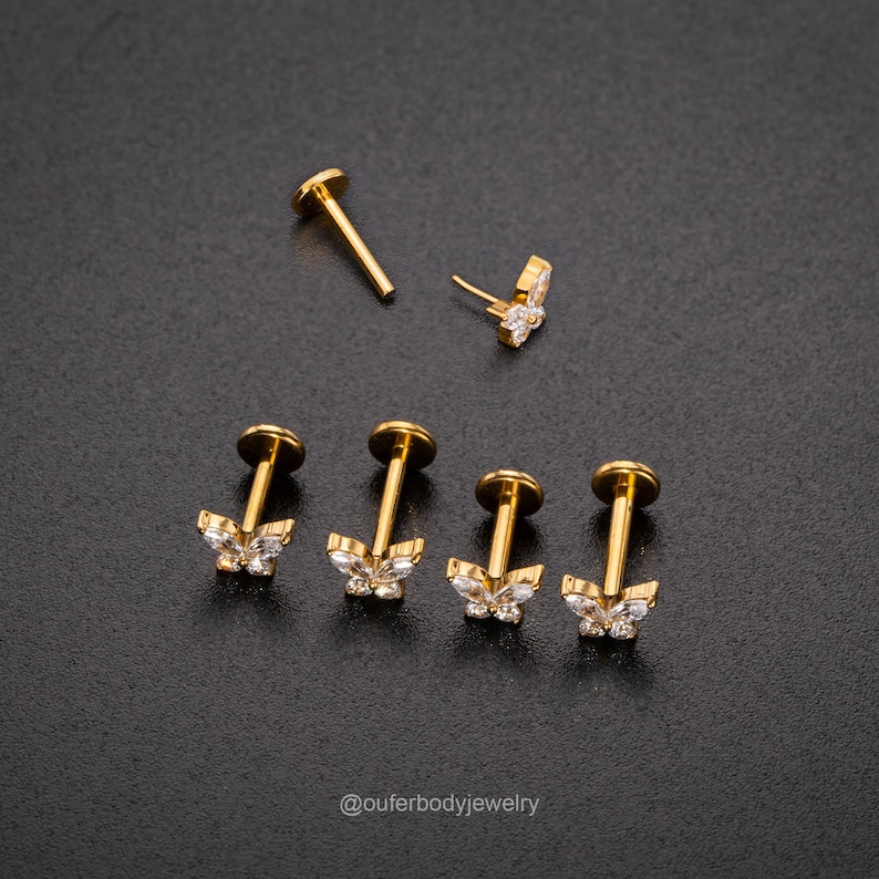 16G 18G Threadless Butterfly Push-In Labret/Tragus/Cartilage/Conch/Forward Helix Stud/Nose Piercing/Push Pin Flat Back Earring Silver Gold zdjęcie 2