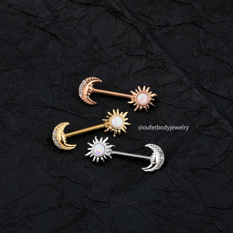 Sun & Moon Opal Nipple Ring/Nipple Barbell/Nipple Jewelry/Nipple Piercing/Sexy Body Jewelry/Barbell Piercing/Celestial Jewelry/Birthday Gift image 3