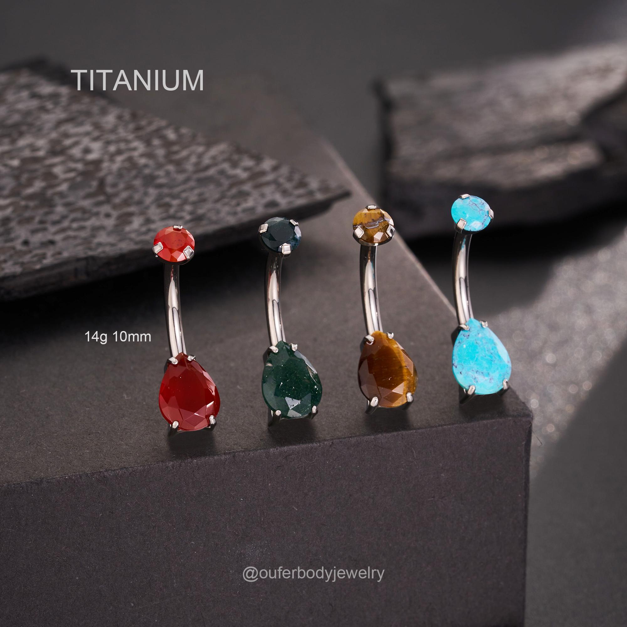 14Gチタンレッド/グラスアゲートへそリング、イエロータイガーアイへそ