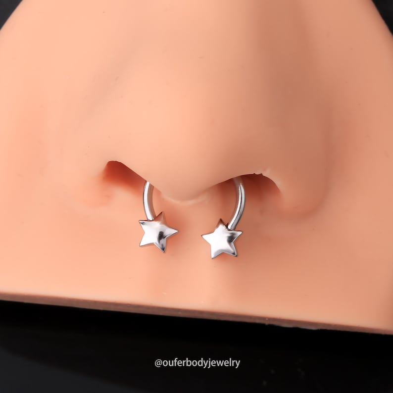 May include: A silver nose ring with two star-shaped ends. The ring is shown on a model.