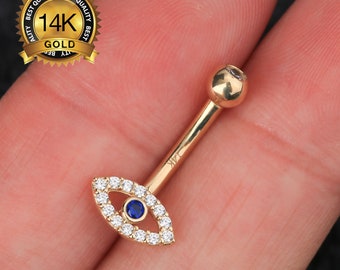 Anello per ombelico non penzolante in oro massiccio 14K con occhio malvagio/Piercing per ombelico 14G CZ/Anello per pancia in oro/Piercing per pancia delicato/Anelli per ombelico con bilanciere curvo