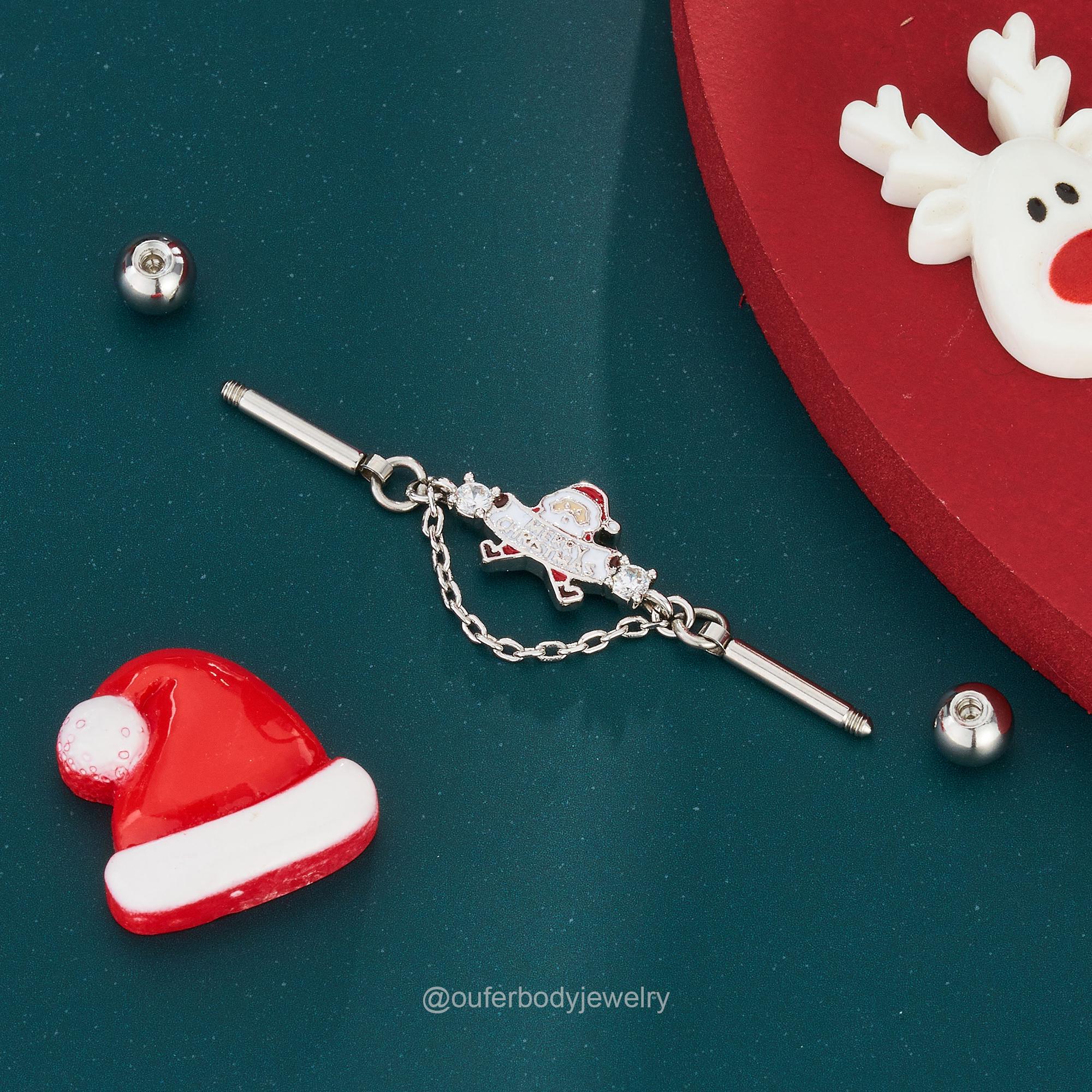 OUFER Christmas Industrial Piercing Jewelry - Santa Claus 14G 38mm Barbell With CZ