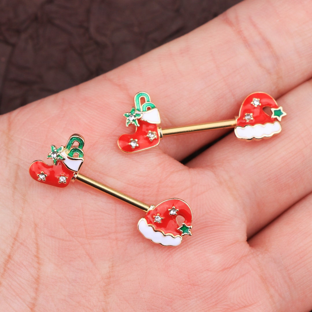 14G 2pcs Gold Christmas Nipple Barbell Nipple Ring Nipple