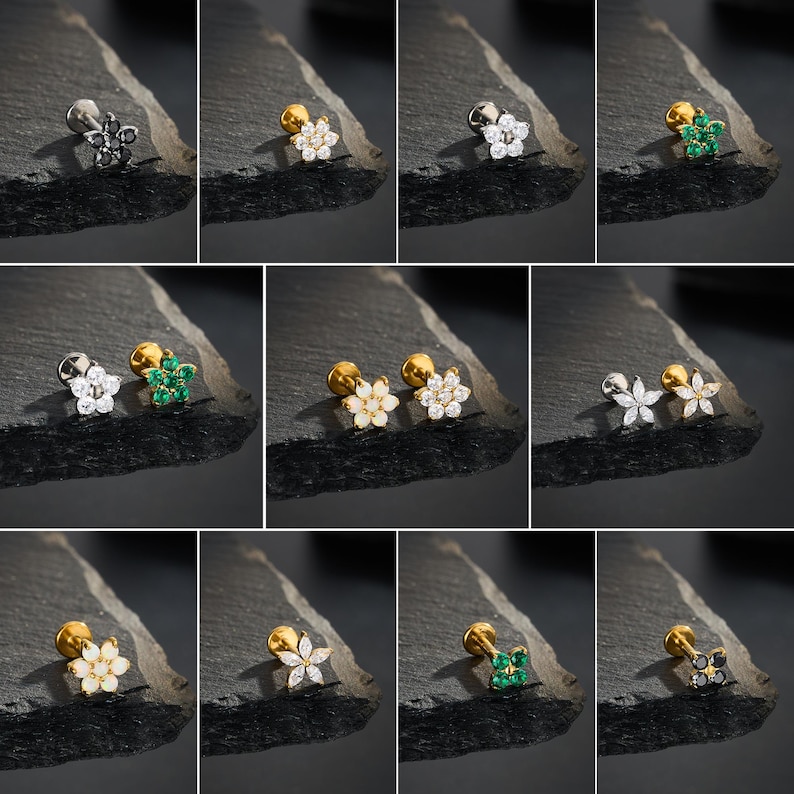 Puede incluir: Una colecci&oacute;n de pendientes de bot&oacute;n con forma de flor. Los pendientes presentan piedras preciosas de varios colores, incluyendo transparente, verde y negro. Los pendientes tienen postes plateados o dorados. Los pendientes se muestran sobre una superficie oscura y texturizada.