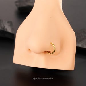 May include: Gold nose ring hoop, a simple and classic piece of body jewelry.