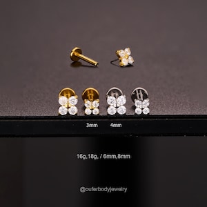 16G/18G Threadless Four Leaf Clover CZ Stud/Gold/Silver Cartilage Stud/Push Pin Labret/Nose/Tragus/Conch/Helix Piercing/Flat back earrings