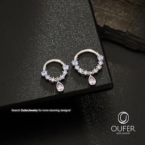 16G Teardrop Purple CZ Dangle Septum hoop/Septum Clicker/Dangle Daith Ring/Helix Earring/Septum Jewelry/Tragus/Conch Hoop/Minimalist Earring