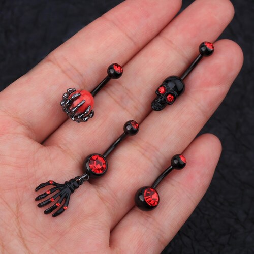 14G Black Skull Belly Button Ring Set/halloween Belly Etsy