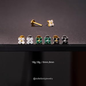 16G/18G Threadless Flower CZ Stud/Gold/Silver Cartilage Stud/Push Pin Labret/Nose/Tragus/Conch/Helix Piercing/Flat Back Earring/Nose Stud