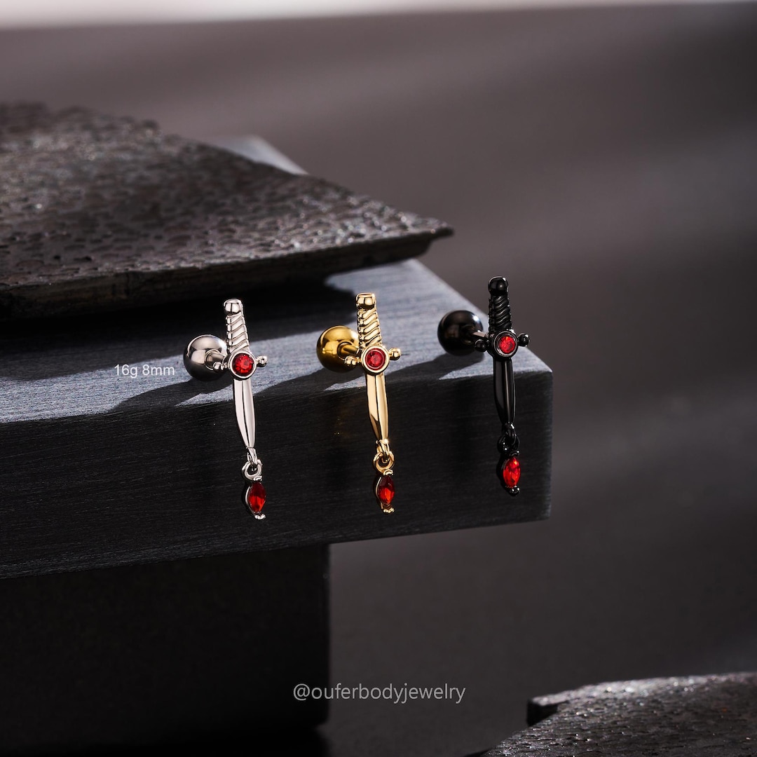16G Sword-shaped Cartilage Studs, Ball-end Stud Earrings, Red Zircon Charm, Earlobe, Conch, Helix, Tragus Piercings, Medieval Style Earrings - Etsy Japan