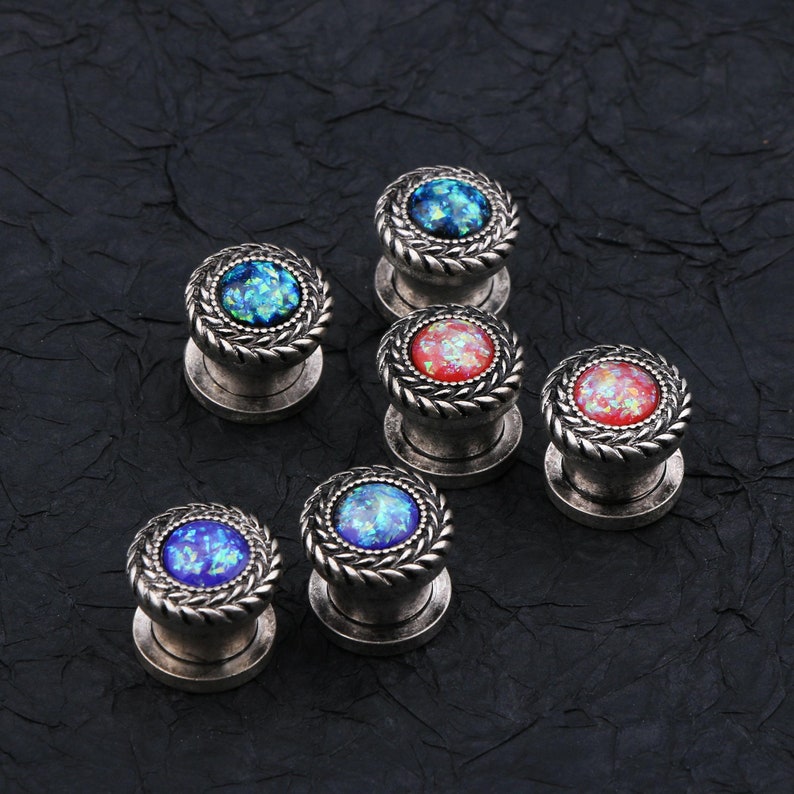 Burnished Olive Branch Ear Plugs GreenBlue PurpleOpal Stainless Steel Screw Fit Ear Expander