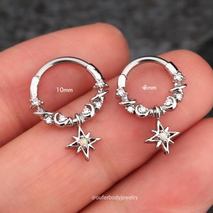16G Star/Moon/Planet Dangle Septum Ring/Daith Earrings/Helix Hoop/Septum Clicker/Septum Jewelry/Silver Septum/Tragus/Conch Hoop/Gift for her Srebro