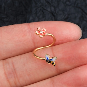 16G Bee & Flower S-Shape Surgical Steel Earring, Helix Earring/ Nose Ring/ Lip Ring/ cartilage/ Piercing Jewelry/ Body Jewelry/ Belly Ring