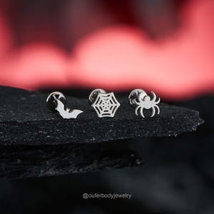 16G 3PCS Internally Threaded Bat/Spider/Cobweb Cartilage Studs Set/Silver Flat Top Labret Medusa Stud/Helix/Tragus/Conch Flat Back Earrings
