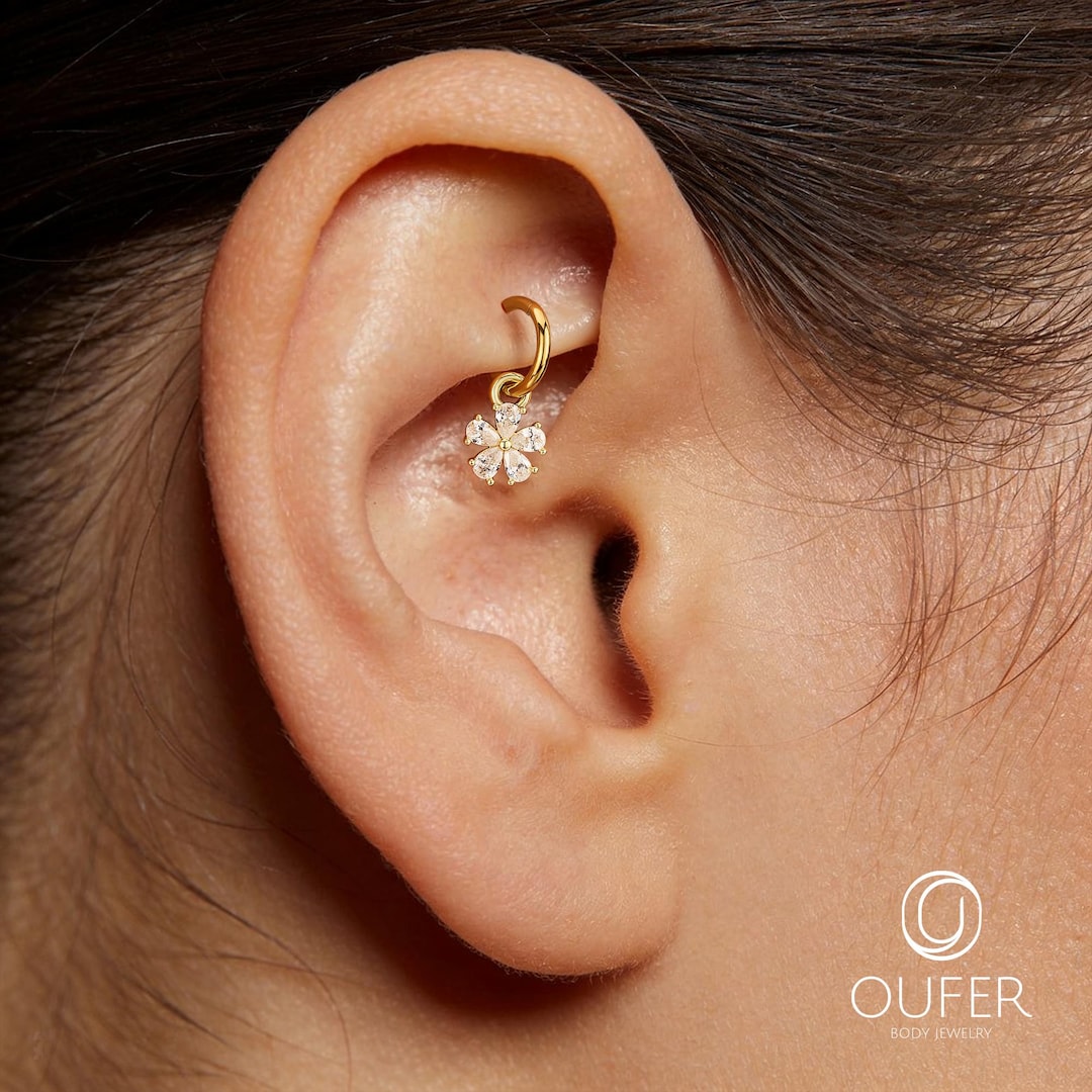 16G 6/8mm Gold Dangle Daisy CZ Clicker Hoop for Rook, Eyebrow, Labret ...
