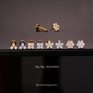 16G/18G Threadless Floral Clear CZ Stud/Flower Cartilage Stud/Push Pin Labret Stud/Nose/Tragus/Conch/Helix Flat back Earring Clear CZ/Gift