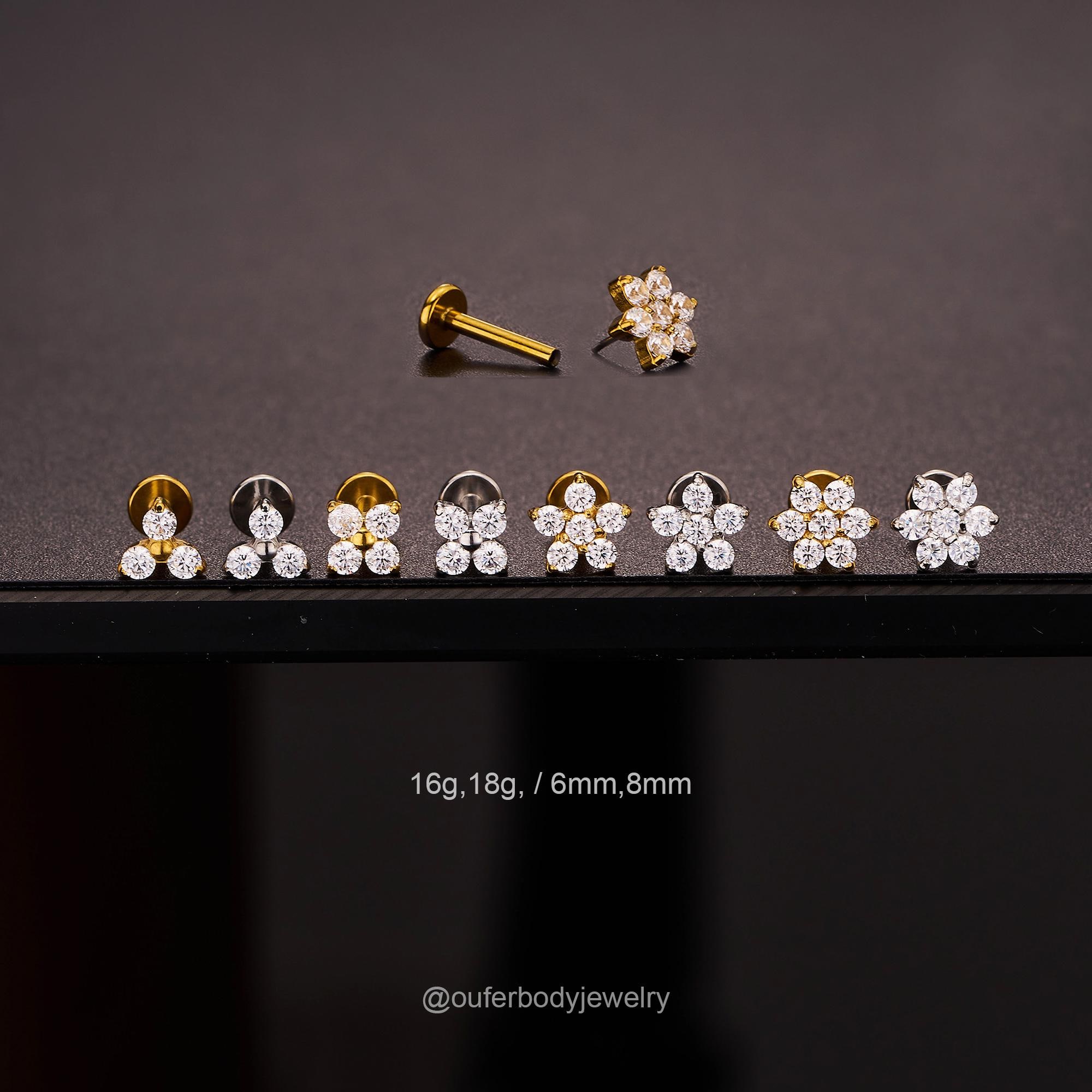 16G/18G Threadless Floral Clear CZ Stud/Flower Cartilage Stud/Push Pin Labret Stud/Nose/Tragus/Conch/Helix Flat back Earring Clear CZ/Gift