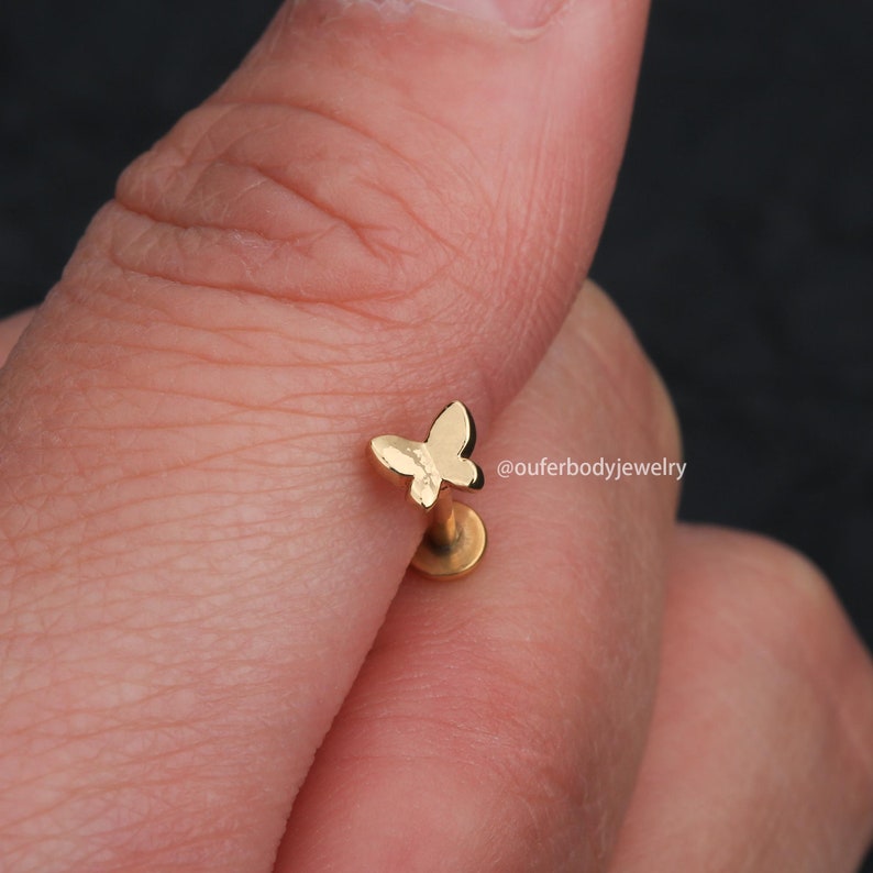 16G Tiny Butterfly Internally Threaded Flat Back Cartilage Stud/Tragus Stud/Conch Stud/Helix Stud/Labret Stud/Dainty Earrings/Gift For Her Gold