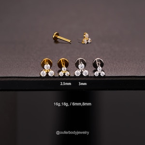 16G/18G Trinity Flower Threadless CZ Stud/Gold/Silver Cartilage Stud/Push Pin Labret Stud/Nose/Tragus/Conch/Helix Piercing/Flat Back Earring