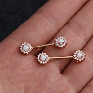 2Pcs 14G Floral Opal & CZ Nipple Barbell/Nipple Ring/Nipple Piercing/Nipple Jewelry/Nipple Shield/Sexy Body Jewelry/Barbell Piercing