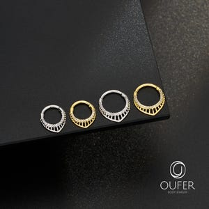 16G Gold CZ Septum Clicker, Sunburst Daith Ring, Hinged Septum Hoop, 8mm 10mm, Art Deco Septum Jewelry