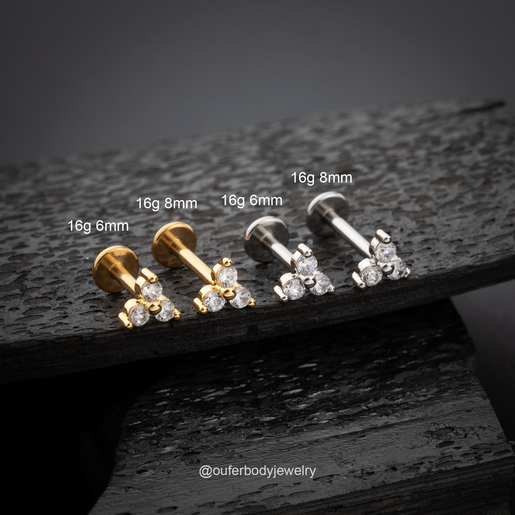 16G Surgical Steel Trinity CZ Threadless Push Pin Labret Stud/Flower Cartilage Stud/Nose/Tragus/Conch/Helix Piercing/Flat Back Earring/Gift
