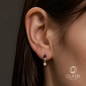 16G Ombre Blå CZ Hängeörhänge, Titan Trådlös Push-In Flatback, 6 mm Minimalistiskt Brosk Helix Örhänge