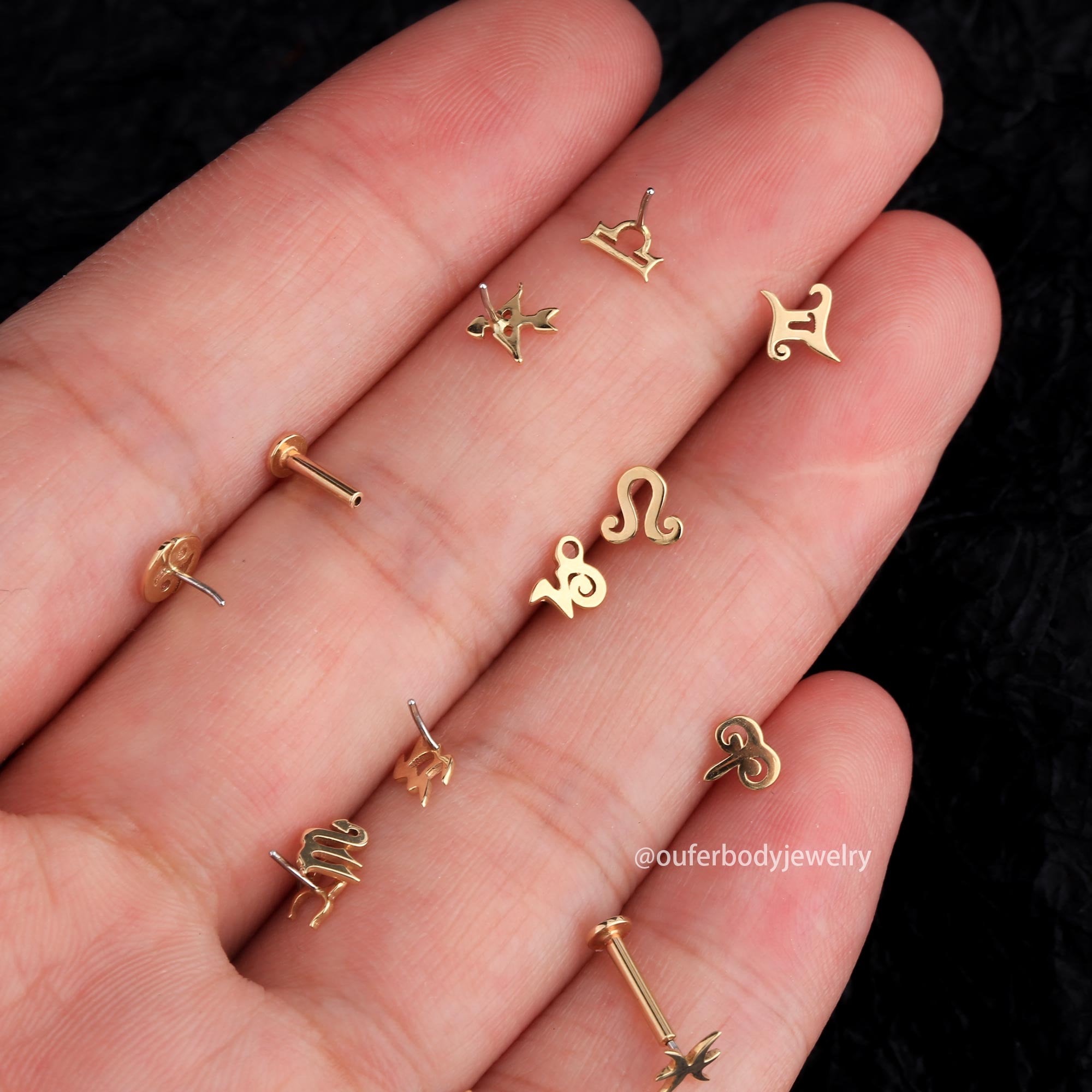 14K Solid Gold Threadless Zodiac Sign Tops/Push-In Labret/12 Constellation Zodiac Stud Earrings/Cartilage/Tragus/Helix/Conch/Earlobe Studs