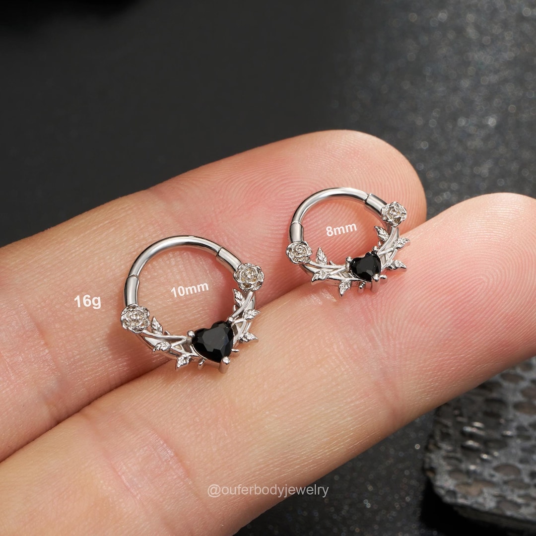 16G Rose Flower Heart Black CZ Septum Ring/daith Earring Silver