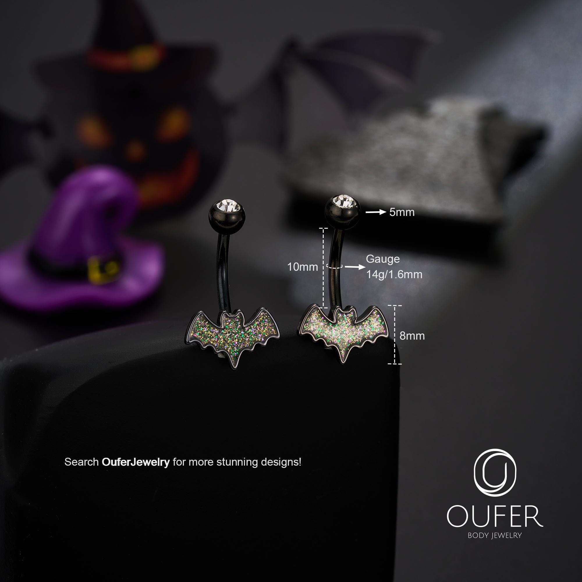 Halloween Bat Belly Button Ring, 14G Glitter Black Bat Navel Ring ...