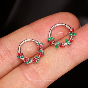 16G Red Rose Flower CZ Daith Hoop Earring/Green Leaf Cartilage Hoop/Septum Jewelry/Hinged Segment Clicker/Helix/Conch/Tragus/Septum Hoop