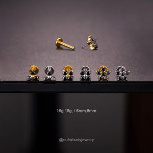 CZ noir 16G/18G sans filetage Fleur clou/Or/Argent Cartilage Piercing labret/nez/Tragus/Conque/Helix Flat back Stud/Medusa Piercing