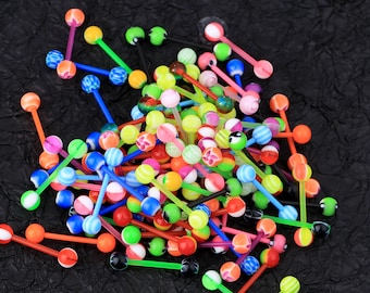 100PC 14G Acrylic Nipple Rings Tongue Barbells Ball Flexible Piercing Jewelry/ Multi Color Tongue Rings /Barbells, Bars, Nipple Rings