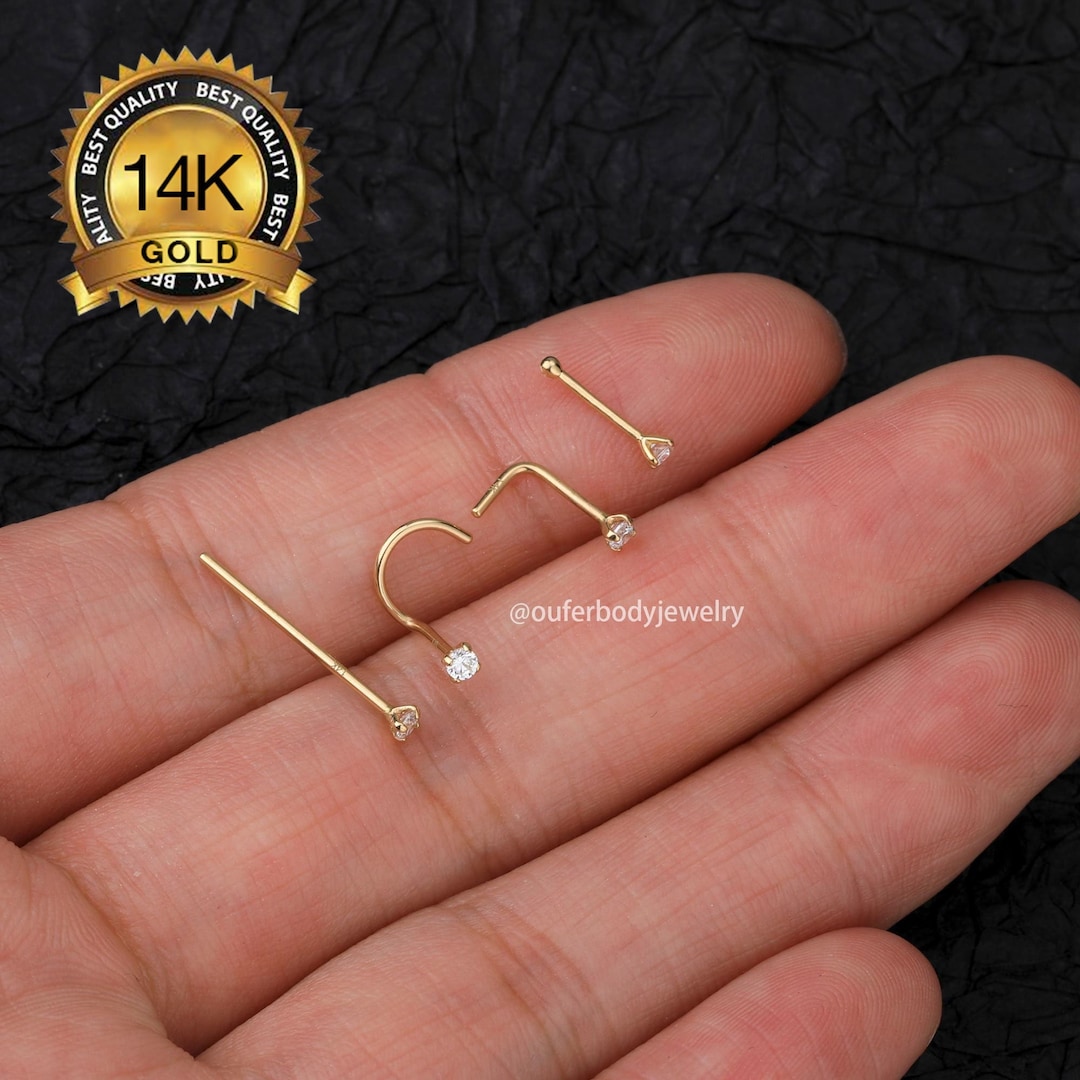 14K Solid Gold 2mm Clear CZ Nose Studs/nose Ring/nose Jewelry/nose Piercing/nose Bone/straight