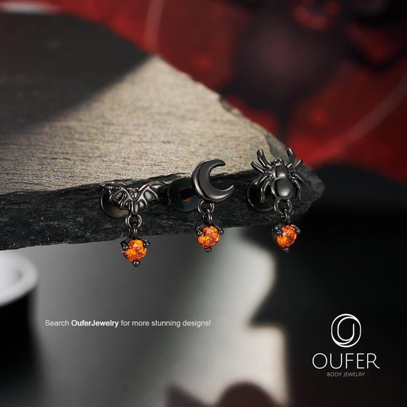 3Pcs 16G Halloween Dangle Moon/Spider/Bat CZ Cartilage Studs Set/Labret Stud/Helix/Tragus/Conch Flat Back Stud/Internally Threaded Stud Gift