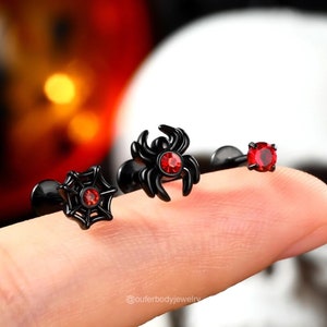 16G 3PCS Internally Threaded Spider/Web/Round CZ Halloween Studs Set/Cartilage/Helix/Conch/Tragus/Lip/Labret/Medusa/Monroe Flat Back Studs