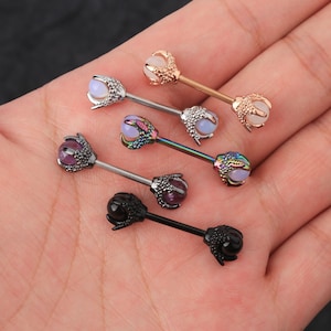 14G Three Dragon Claws Nipple Rings/Opalite Nipple Barbell Piercing/Nipple Piercing/ Sexy Body Jewelry/ Barbell Piercing/ Halloween Jewelry